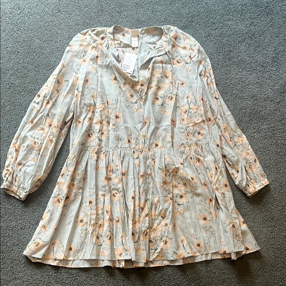 H&M Long Sleeve Dress - Light Gray with Peach Floral
